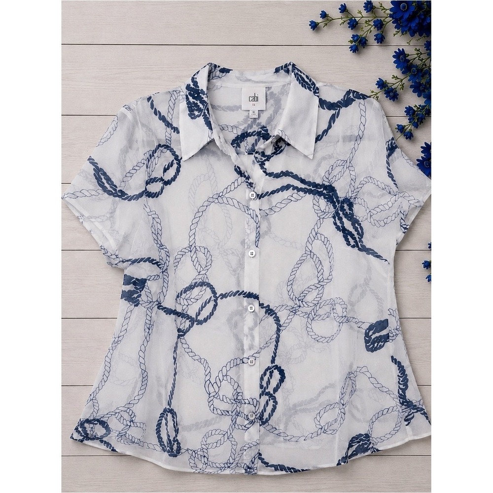 CAbi White Blouse with Navy Rope Motif nautical‎ resortwear